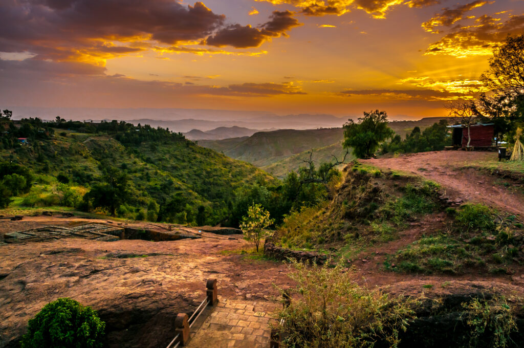 Evening view of the Church of Saint George in Lalibela, Ethiopia